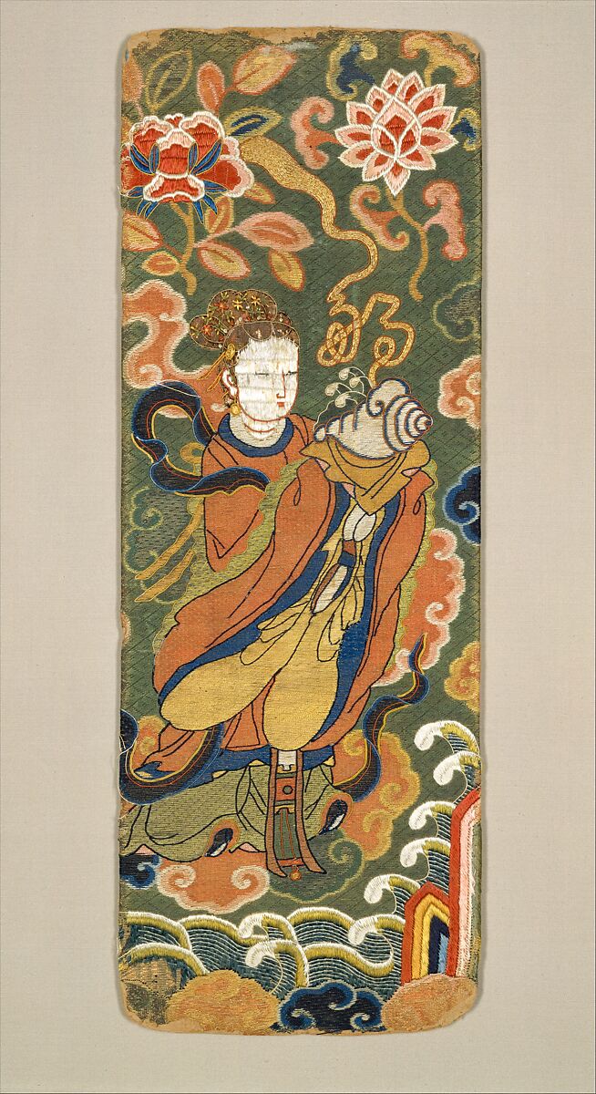 Book or Sutra Cover with Lady Bearing a Conch, Plain-weave silk with supplementary weft patterning, China 
