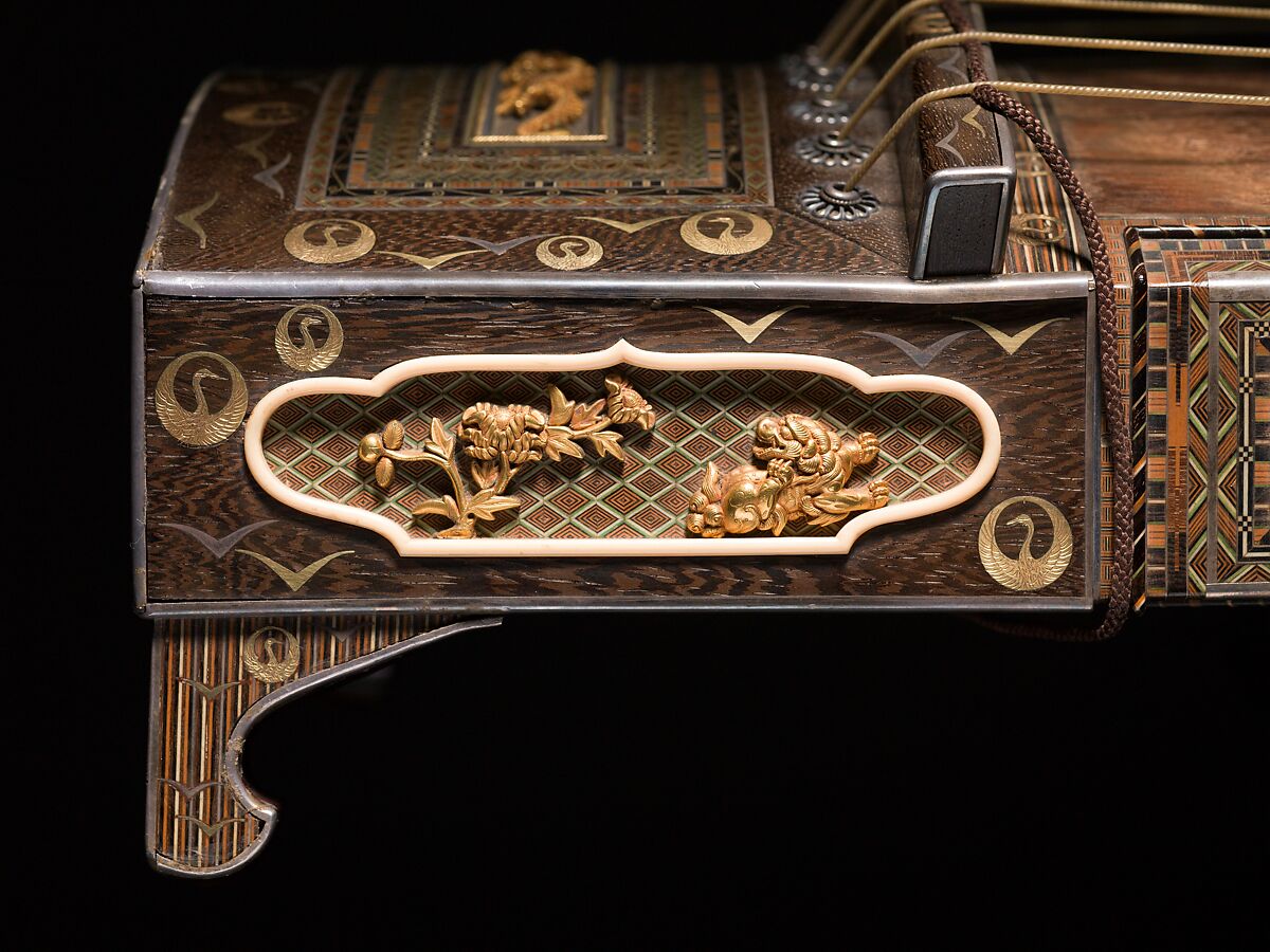 Koto (箏), Metalwork by Goto Teijo, 9th generation Goto master, Japan (1603–1673), Various woods, ivory and tortoiseshell inlays, gold and silver inlays, metalwork, cloth, laquer, paper,, Japanese
