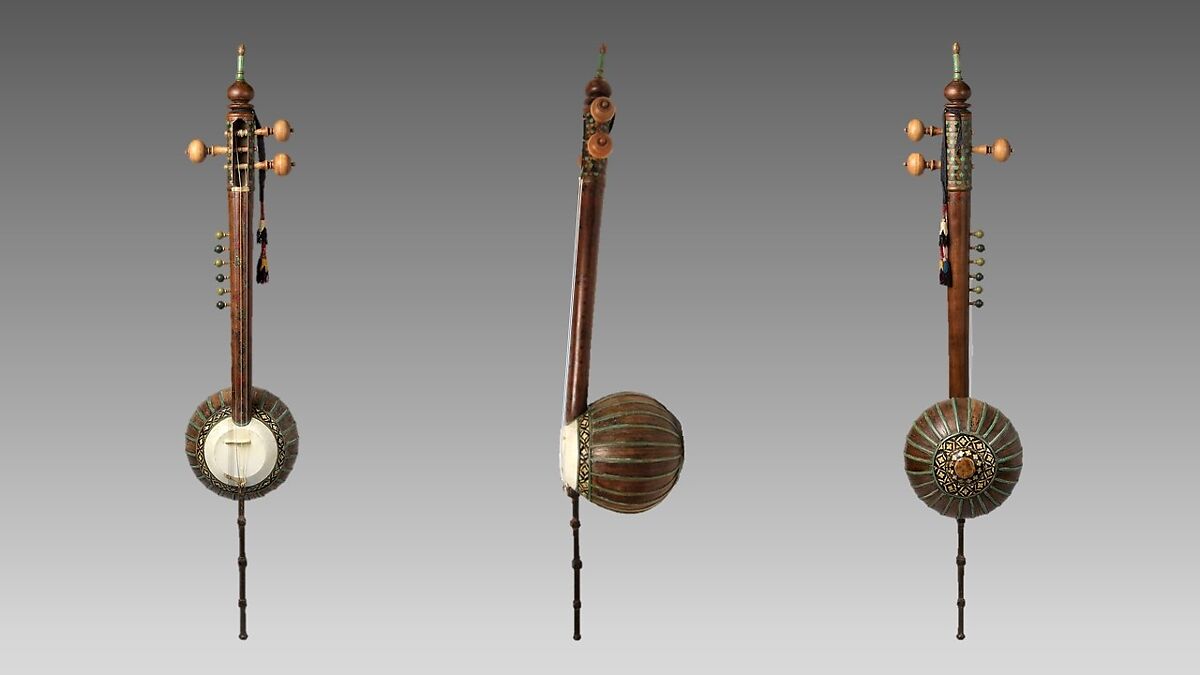 Sāz-ī-Kāshmīr, walnut, iron, metal, plastic, skin, cloth, Kashmiri