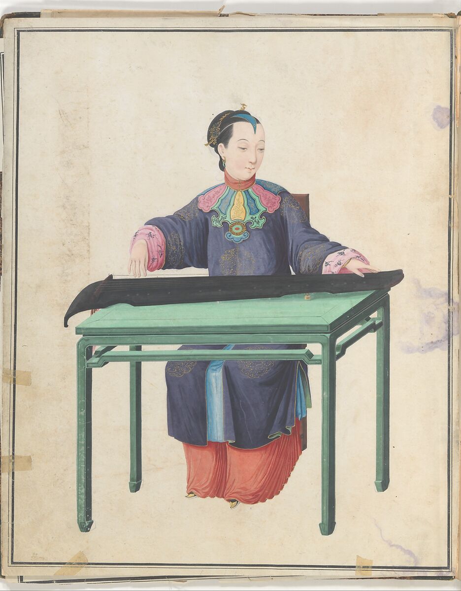 Musician playing Guqin (古琴 ), Watercolor on paper, Chinese 