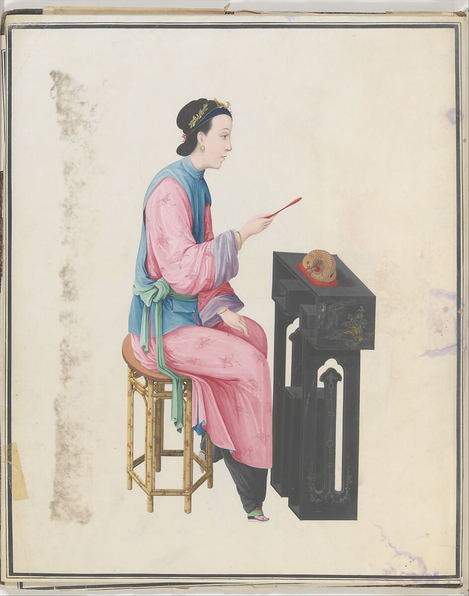 Watercolor of musician playing mu yu, Watercolor on paper, Chinese 