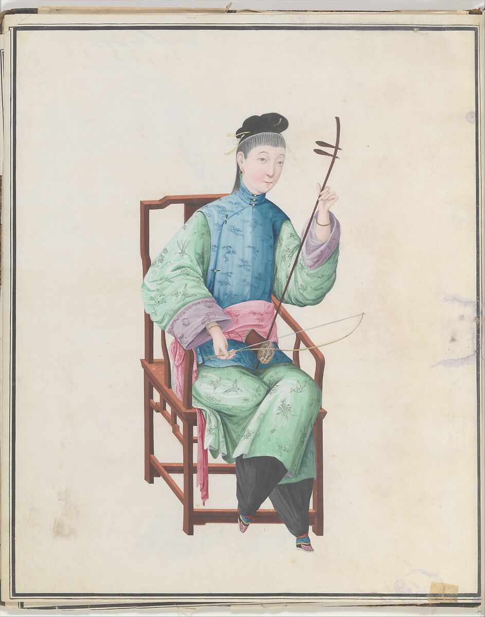Watercolor of musician playing gaohu(?), Watercolor on paper, Chinese 