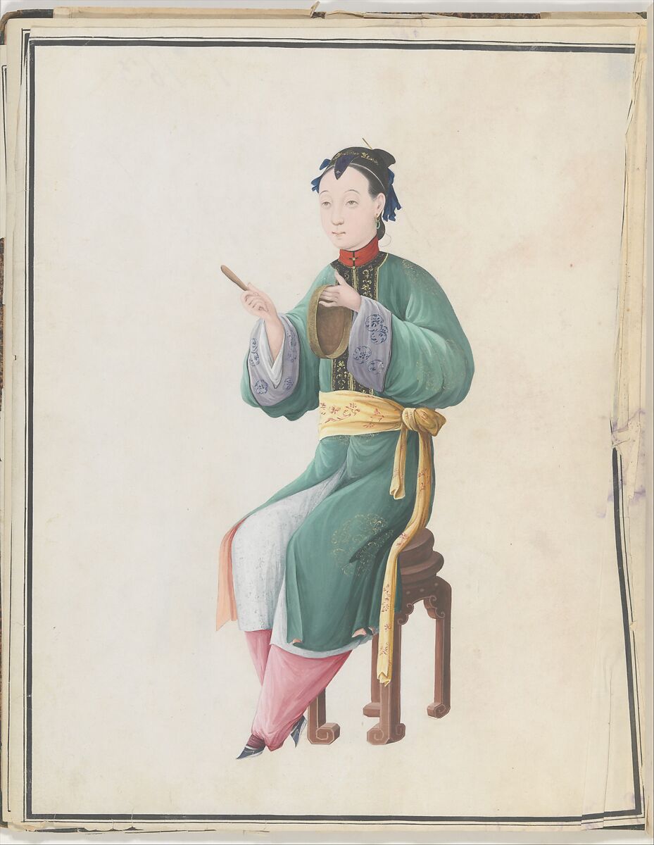 Watercolor of musician playing jiaoluo, Watercolor on paper, Chinese 