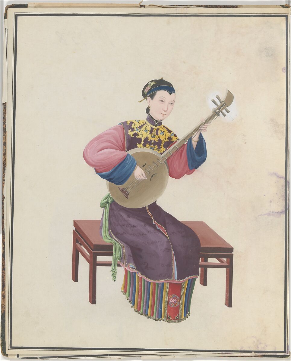 Watercolor of musician playing ruan(?), Watercolor on paper, Chinese 