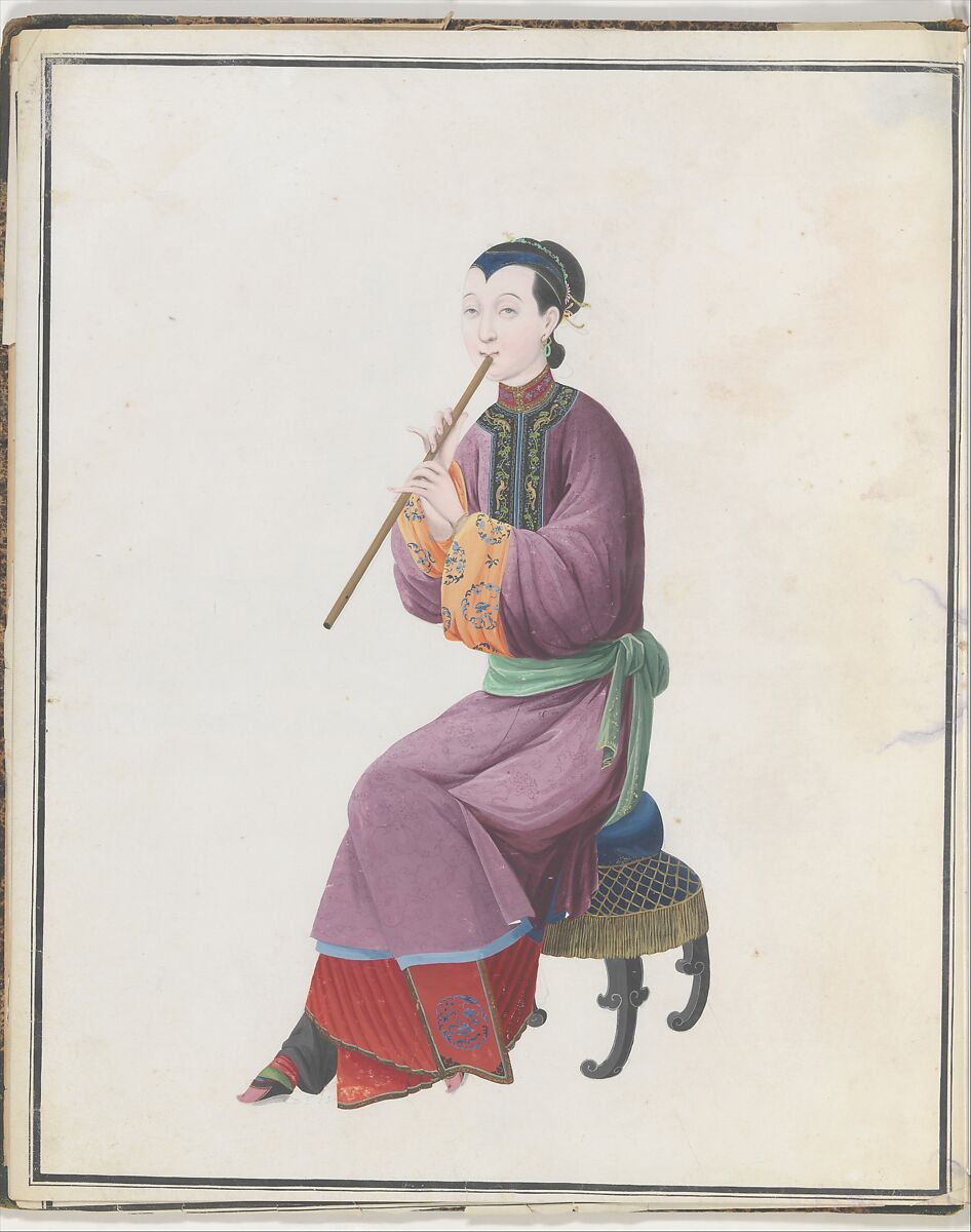 Watercolor of musician playing xiao, Watercolor on paper, Chinese 