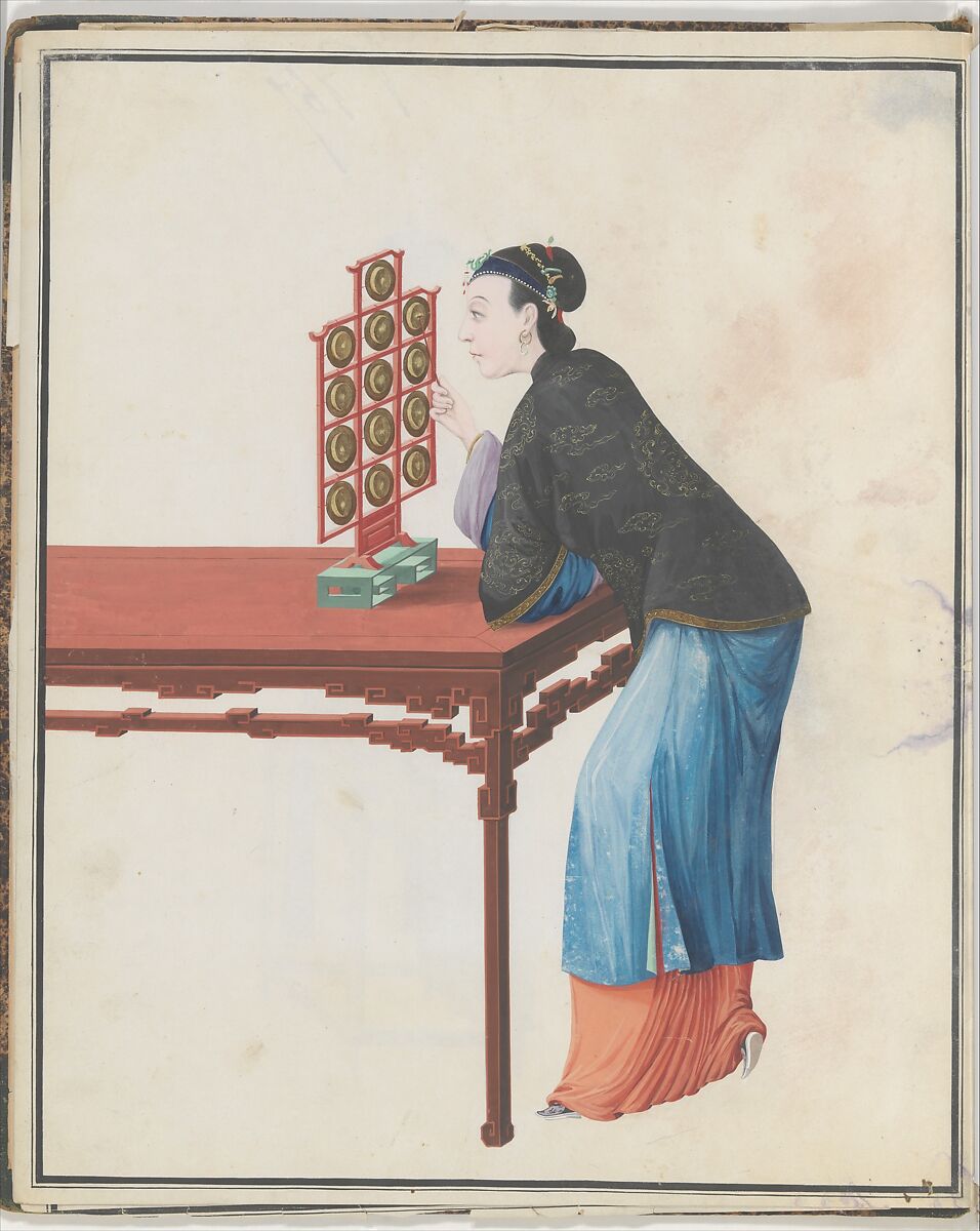 Watercolor of musician playing yunlo, Watercolor on paper, Chinese 