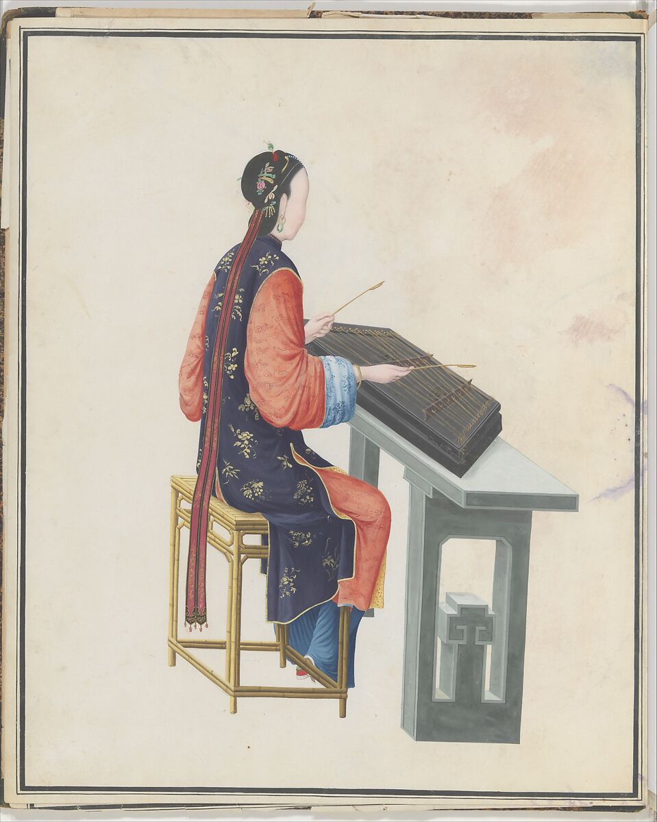 Watercolor of musician playing yangqin, Watercolor on paper, Chinese 