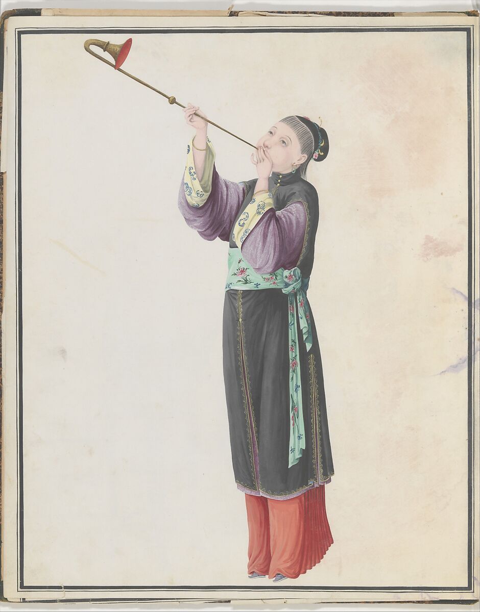 Watercolor of musician playing laba, Watercolor on paper, Chinese 