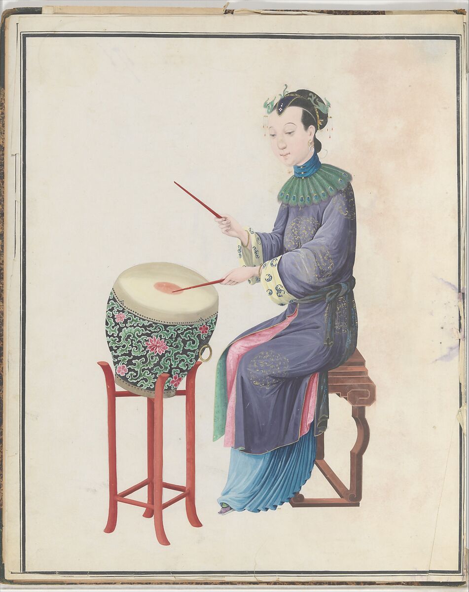 Watercolor of musician playing drum, Watercolor on paper, Chinese 