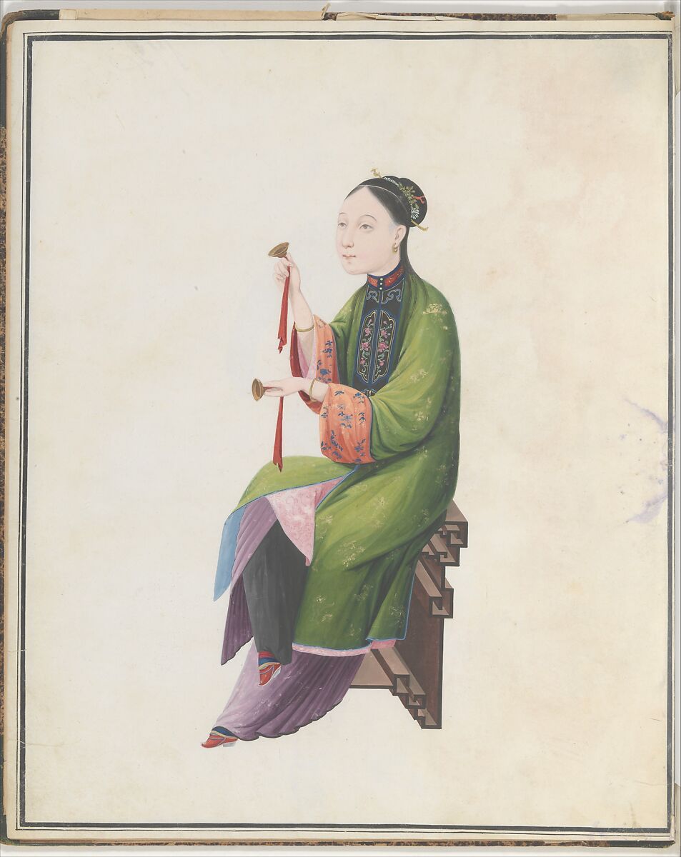 Watercolor of musician playing bo, Watercolor on paper, Chinese 