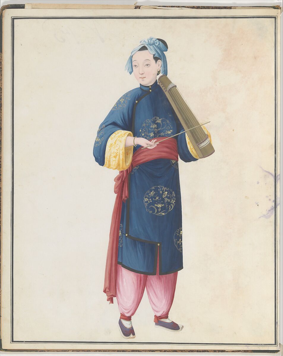 Watercolor of musician playing bowed qin(?), Watercolor on paper, Chinese 