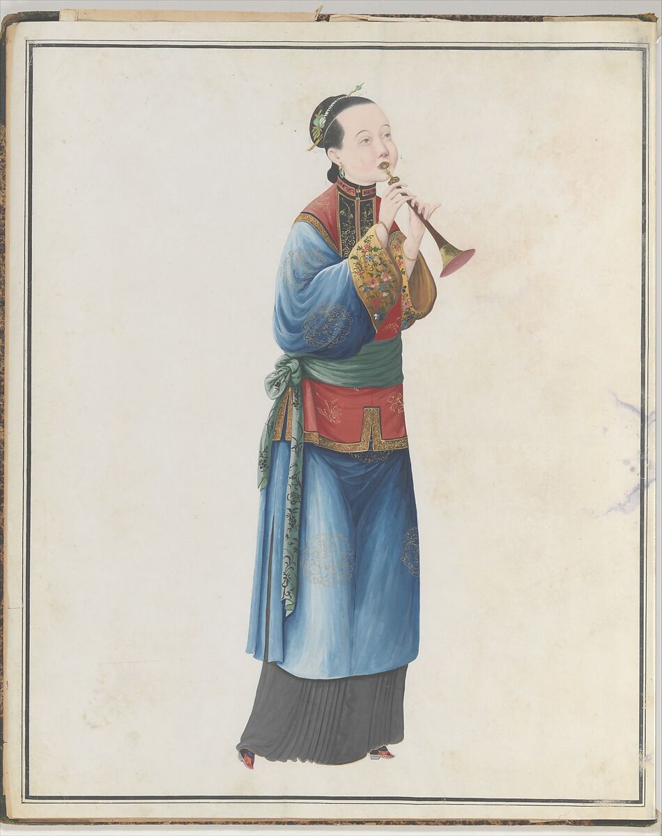 Watercolor of musician playing sona, Watercolor on paper, Chinese 