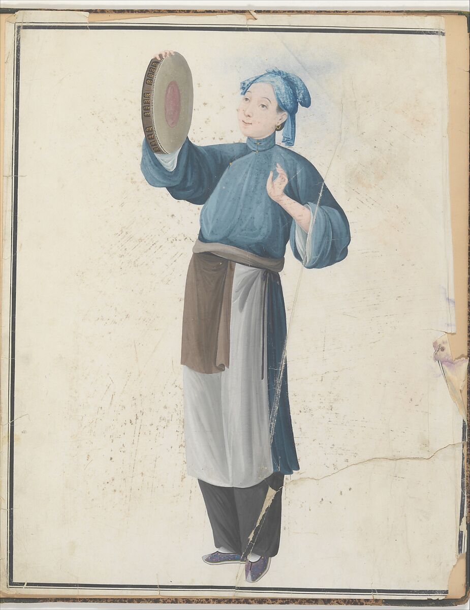 Watercolor of musician playing frame drum, Watercolor on paper, Chinese 