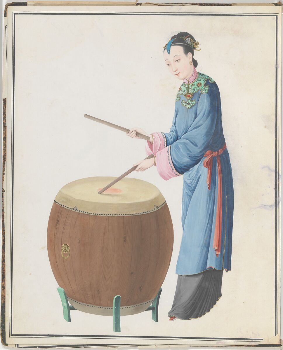 Watercolor of musician playing jingu, Watercolor on paper, Chinese 