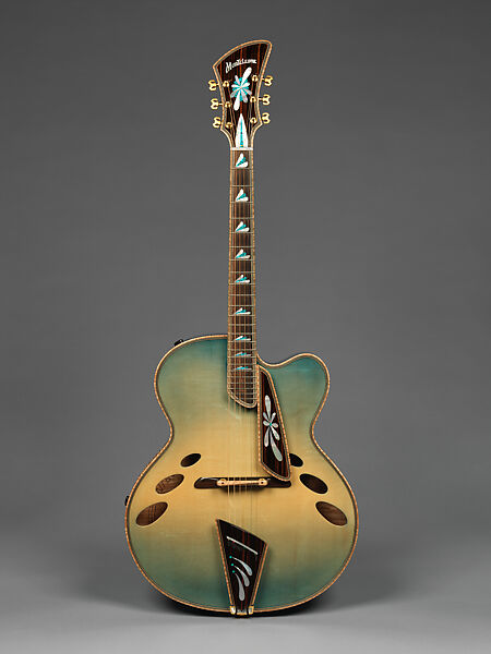 "Spring" from "The Four Seasons" (serial number 201), John Monteleone (American, Islip, New York born 1947), Red-tiger maple, Tyrolean spruce, Macassar ebony, curly red maple, mother-of-pearl, red abalone shell, turquoise, diamond, gold plating, blue nitro-cellulose lacquer finish, American