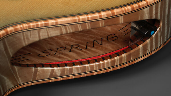 "Spring" from "The Four Seasons" (serial number 201), John Monteleone (American, Islip, New York born 1947), Red-tiger maple, Tyrolean spruce, Macassar ebony, curly red maple, mother-of-pearl, red abalone shell, turquoise, diamond, gold plating, blue nitro-cellulose lacquer finish, American