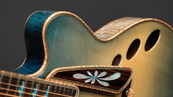 "Spring" from "The Four Seasons" (serial number 201), John Monteleone (American, Islip, New York born 1947), Red-tiger maple, Tyrolean spruce, Macassar ebony, curly red maple, mother-of-pearl, red abalone shell, turquoise, diamond, gold plating, blue nitro-cellulose lacquer finish, American