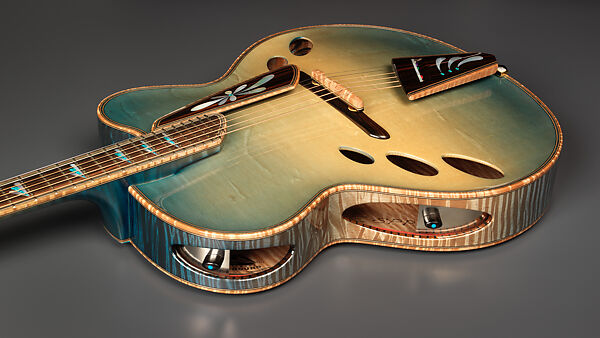 "Spring" from "The Four Seasons" (serial number 201), John Monteleone (American, Islip, New York born 1947), Red-tiger maple, Tyrolean spruce, Macassar ebony, curly red maple, mother-of-pearl, red abalone shell, turquoise, diamond, gold plating, blue nitro-cellulose lacquer finish, American