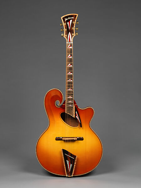 "Summer" from "The Four Seasons" (serial number 202), John Monteleone (American, Islip, New York born 1947), Big-leaf maple, Tyrolean spruce, African red padauk, Macassar ebony, red coral stones, mother-of-pearl, ruby, diamond, gold plating, red nitro-cellulose lacquer finish, American