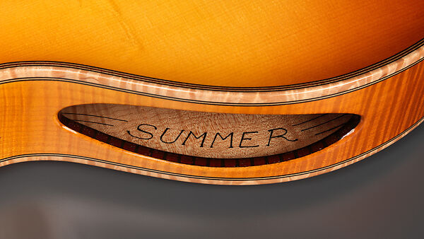 "Summer" from "The Four Seasons" (serial number 202), John Monteleone (American, Islip, New York born 1947), Big-leaf maple, Tyrolean spruce, African red padauk, Macassar ebony, red coral stones, mother-of-pearl, ruby, diamond, gold plating, red nitro-cellulose lacquer finish, American