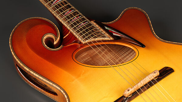 "Summer" from "The Four Seasons" (serial number 202), John Monteleone (American, Islip, New York born 1947), Big-leaf maple, Tyrolean spruce, African red padauk, Macassar ebony, red coral stones, mother-of-pearl, ruby, diamond, gold plating, red nitro-cellulose lacquer finish, American