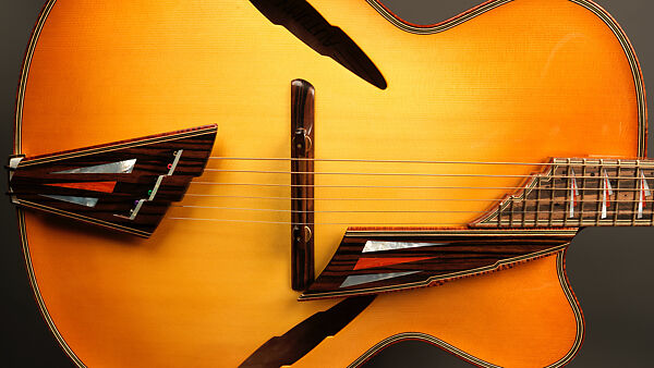 "Autumn" from "The Four Seasons" (serial number 203), John Monteleone (American, Islip, New York born 1947), Big-leaf maple, Tyrolean spruce, koa, Macassar ebony, curly red maple, stainless steel, spiny oyster coral stone, mother-of-pearl, diamond, gold plating, golden-brown nitro-cellulose lacquer finish, American