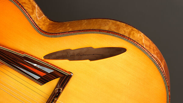 "Autumn" from "The Four Seasons" (serial number 203), John Monteleone (American, Islip, New York born 1947), Big-leaf maple, Tyrolean spruce, koa, Macassar ebony, curly red maple, stainless steel, spiny oyster coral stone, mother-of-pearl, diamond, gold plating, golden-brown nitro-cellulose lacquer finish, American