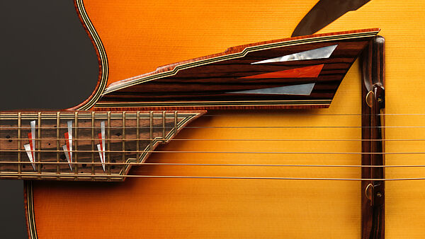 "Autumn" from "The Four Seasons" (serial number 203), John Monteleone (American, Islip, New York born 1947), Big-leaf maple, Tyrolean spruce, koa, Macassar ebony, curly red maple, stainless steel, spiny oyster coral stone, mother-of-pearl, diamond, gold plating, golden-brown nitro-cellulose lacquer finish, American