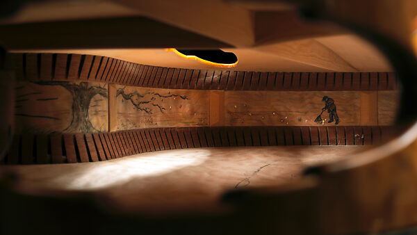 "Autumn" from "The Four Seasons" (serial number 203), John Monteleone (American, Islip, New York born 1947), Big-leaf maple, Tyrolean spruce, koa, Macassar ebony, curly red maple, stainless steel, spiny oyster coral stone, mother-of-pearl, diamond, gold plating, golden-brown nitro-cellulose lacquer finish, American