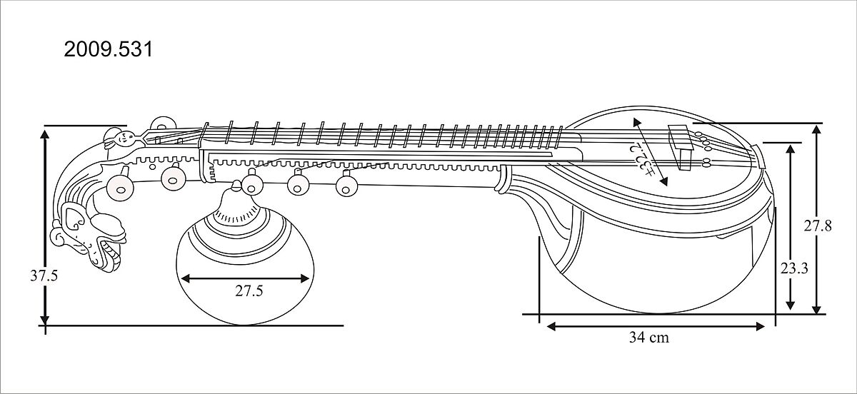 Vina (वीणा), jackwood, gold leaf, papier-mâché, bone, steel, brass, Indian