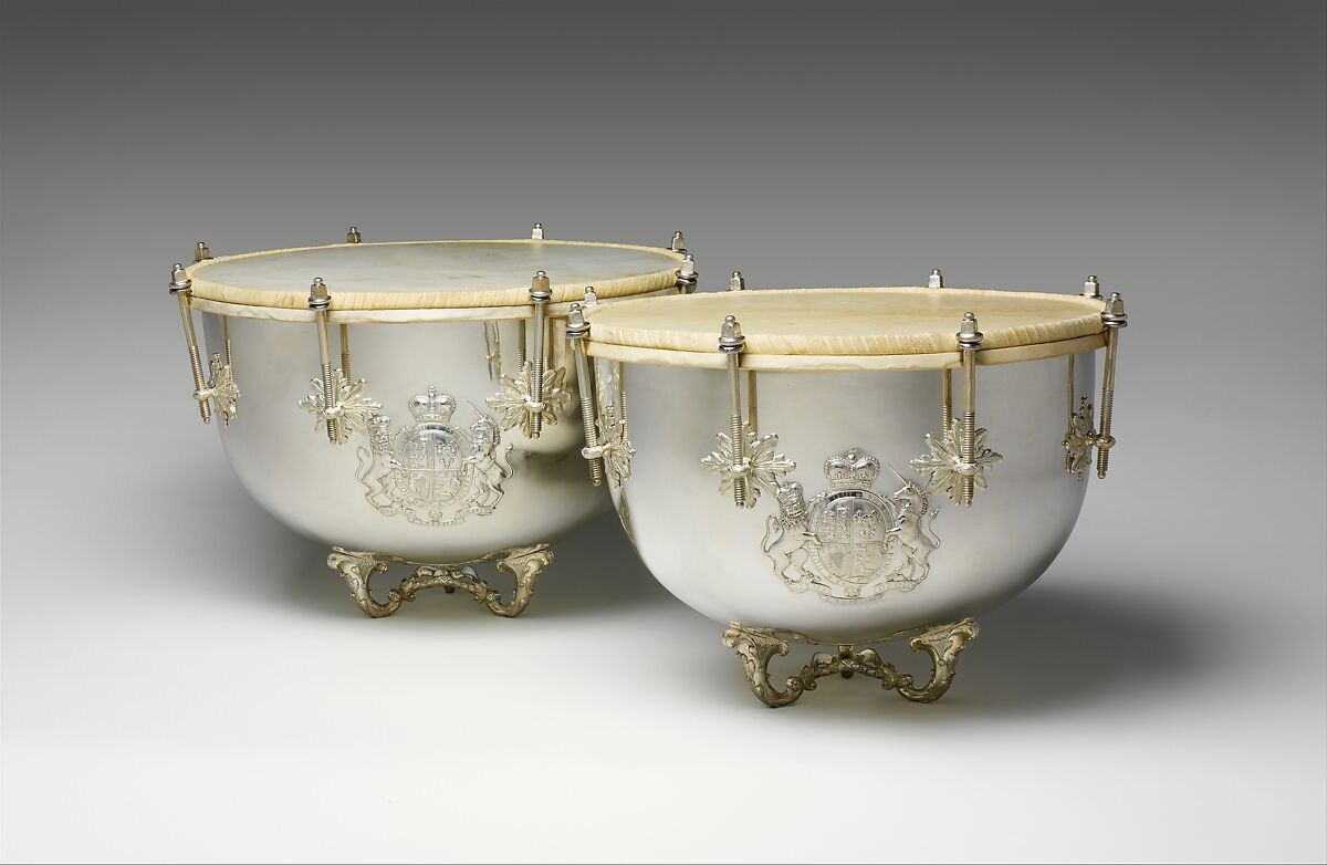 Kettle Drums, Franz Peter Bundsen (ca. 1725–1795 (master 1754)), Silver, iron, calfskin, textiles, gilding,, Hanoverian (German) 