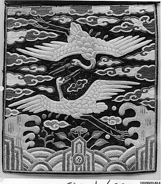 Rank Badge with Decoration of Two Cranes among Clouds, Silk embroidery on silk satin damask, Korea 