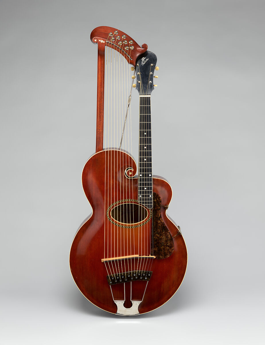 Harp Guitar, Gibson Mandolin-Guitar Manufacturing Co., Ltd. (American, founded Kalamazoo, Michigan 1902), Spruce, maple, mahogany, ivoroid, mother-of-pearl, nickel silver, American 