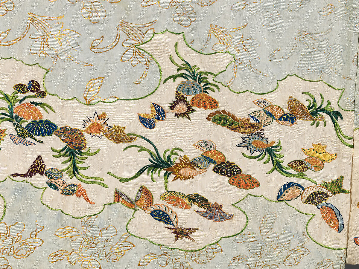 Robe (Kosode) with Shells and Sea Grasses, Embroidery and gold leaf on plain-weave silk patterned with warp floats, Japan