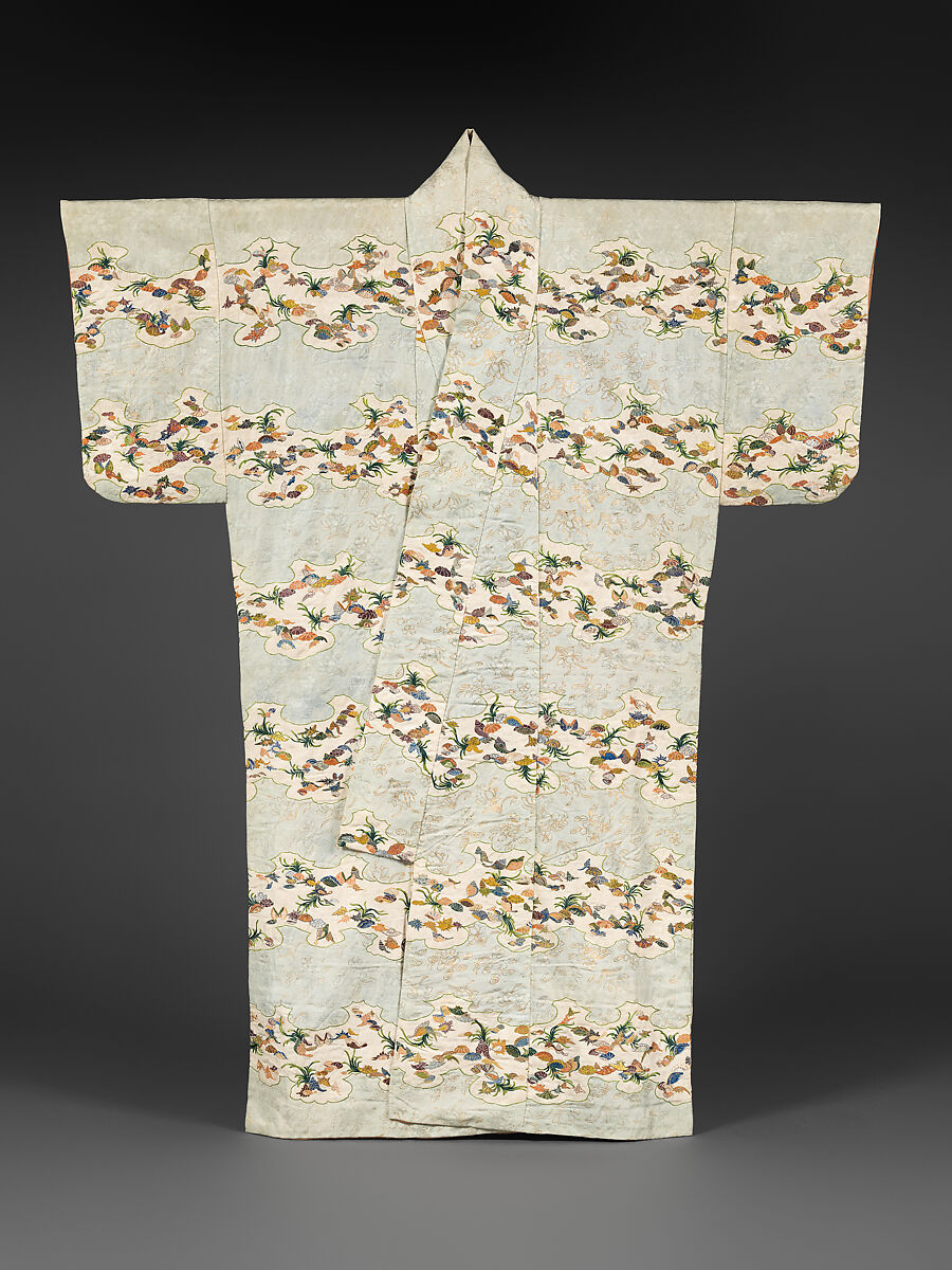 Robe (Kosode) with Shells and Sea Grasses, Embroidery and gold leaf on plain-weave silk patterned with warp floats, Japan 