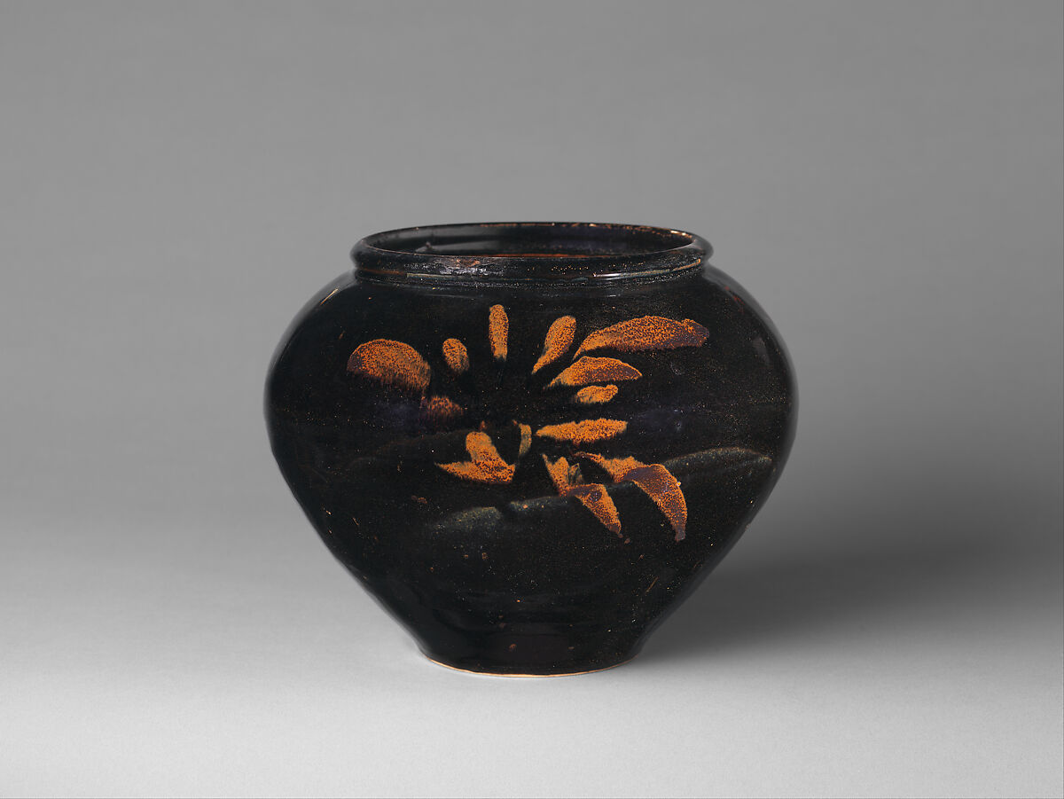 Jar with Abstract Decoration, Stoneware painted with iron oxide over black glaze, China 