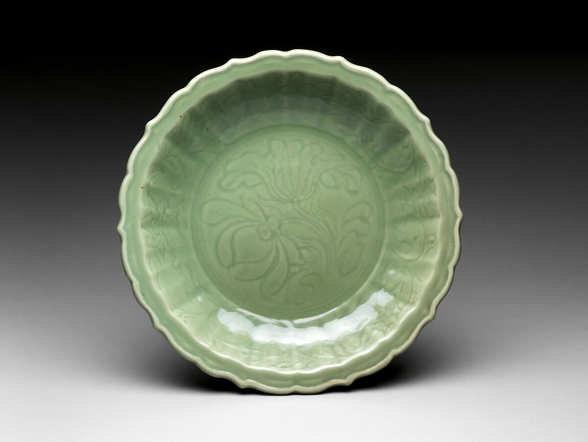 Plate with Lotus, Porcelain with incised decoration under celadon glaze (Zhejiang Province, Longquan ware), China 