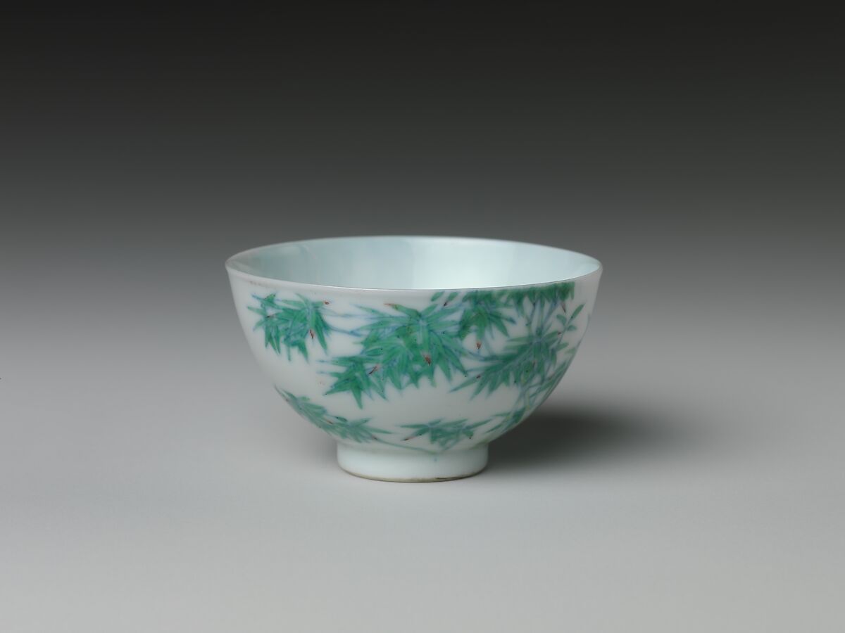 Wine Cup with Bamboo (one of a pair), Porcelain painted with cobalt blue under and colored enamels over transparent glaze(Jingdezhen ware), China 