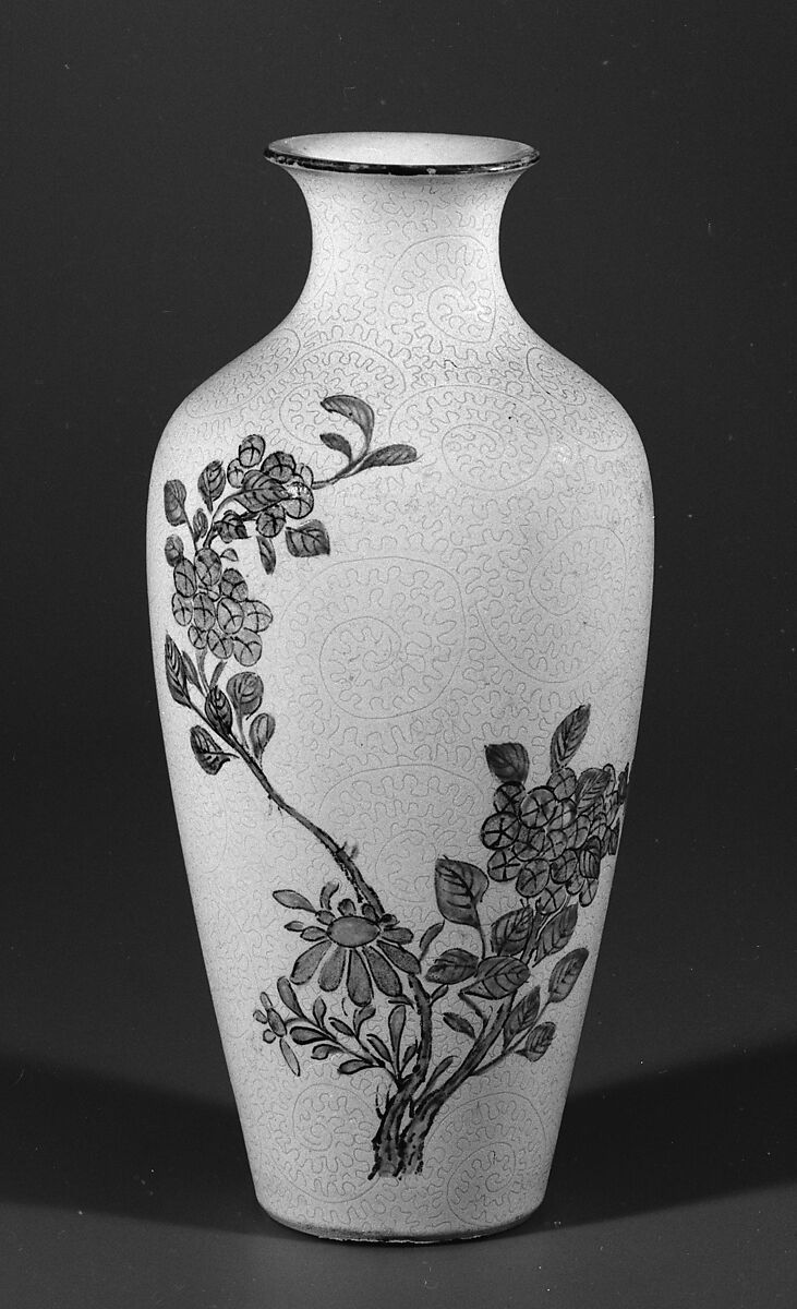 Vase with flowers, Porcelain painted in overglaze polychrome enamels over a white sgraffito ground of vegetal scrolls (Jingdezhen ware), China 