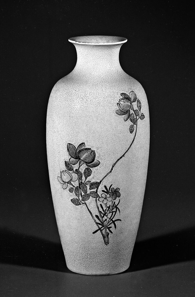 Vase with flowers, Porcelain painted in overglaze polychrome enamels over a pink sgraffito ground of vegetal scrolls (Jingdezhen ware), China 