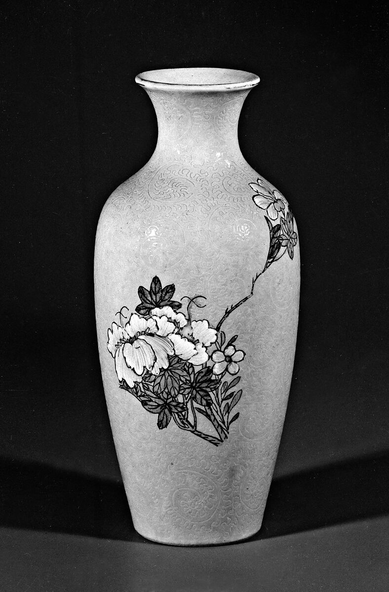 Vase with flowers, Porcelain painted in overglaze polychrome enamels over a green sgraffito ground of vegetal scrolls (Jingdezhen ware), China 