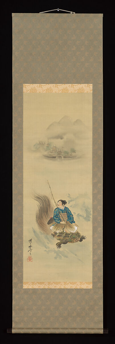 Urashima Tarō Riding on a Tortoise, Kawanabe Kyōsai 河鍋暁斎 (Japanese, 1831–1889), Hanging scroll; ink and color on silk, Japan