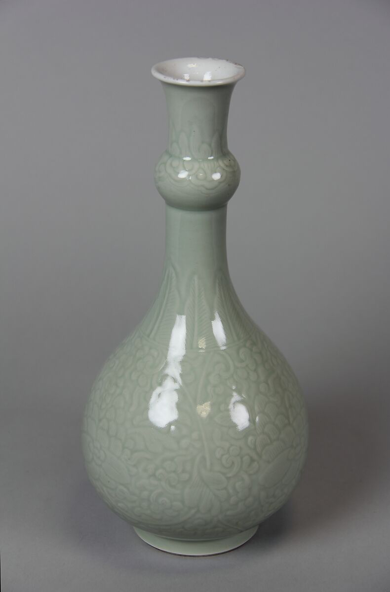 Vase, Porcelain with incised decoration under celadon glaze, China 