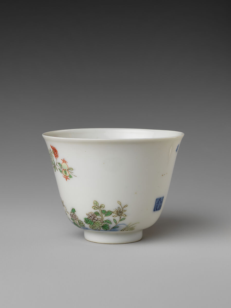 Monthly flower cup (from set of twelve), Porcelain painted in underglaze cobalt blue and overglaze polychrome enamels (Jingdezhen ware, China