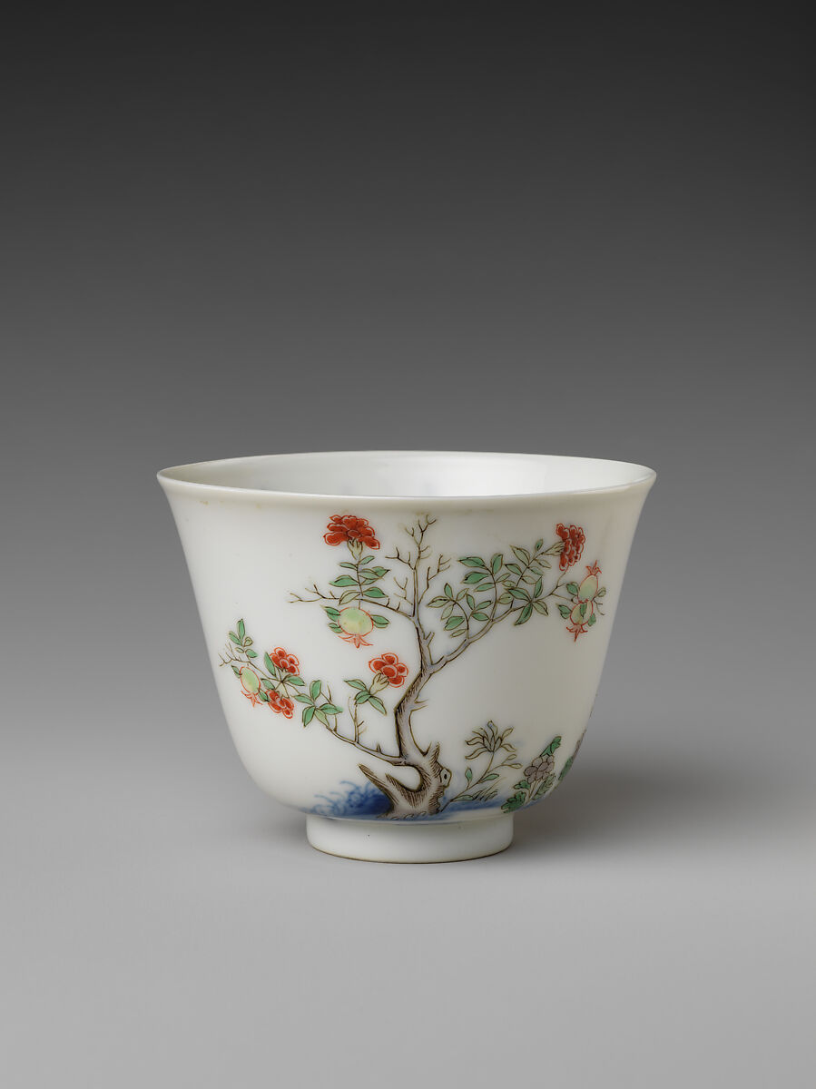 Monthly flower cup (from set of twelve), Porcelain painted in underglaze cobalt blue and overglaze polychrome enamels (Jingdezhen ware, China 