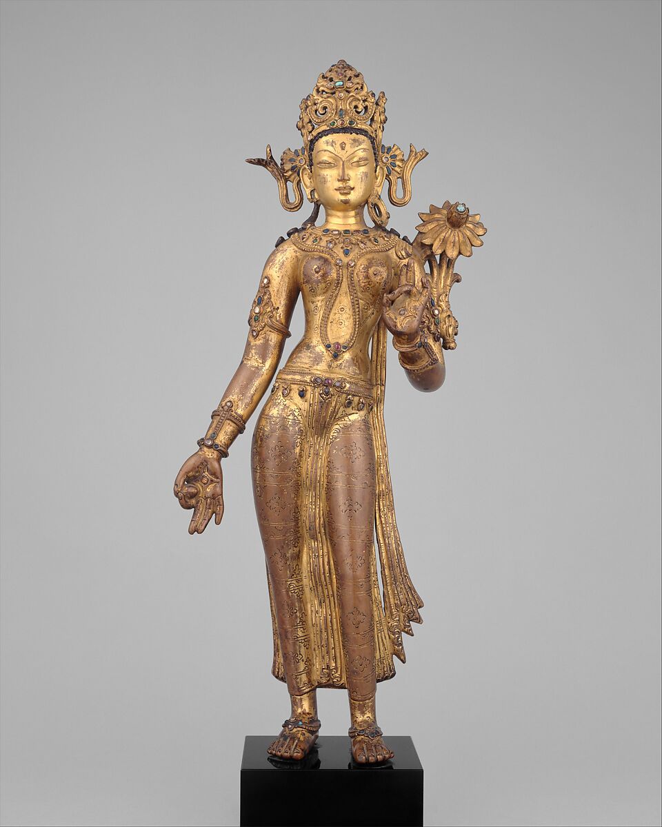 Tara, the Buddhist Savior, Gilt copper alloy with color, inlaid with semiprecious stones, Nepal (Kathmandu Valley)