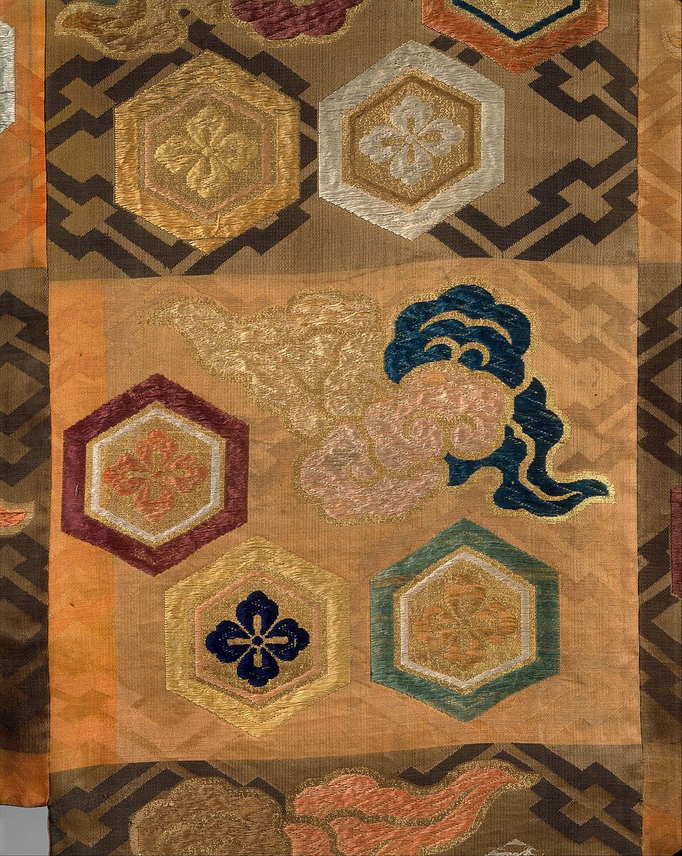 Noh Costume (Atsuita) with Clouds and Hexagons, Silk twill damask with silk brocading wefts and supplementary weft patterning in metallic thread, Japan