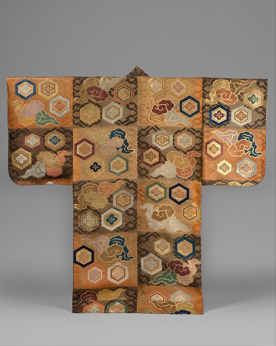 Noh Costume (Atsuita) with Clouds and Hexagons, Silk twill damask with silk brocading wefts and supplementary weft patterning in metallic thread, Japan 