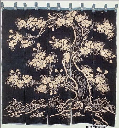 Noren with Design of Flowering Cherry Tree, Indigo-dyed hemp, Japan 