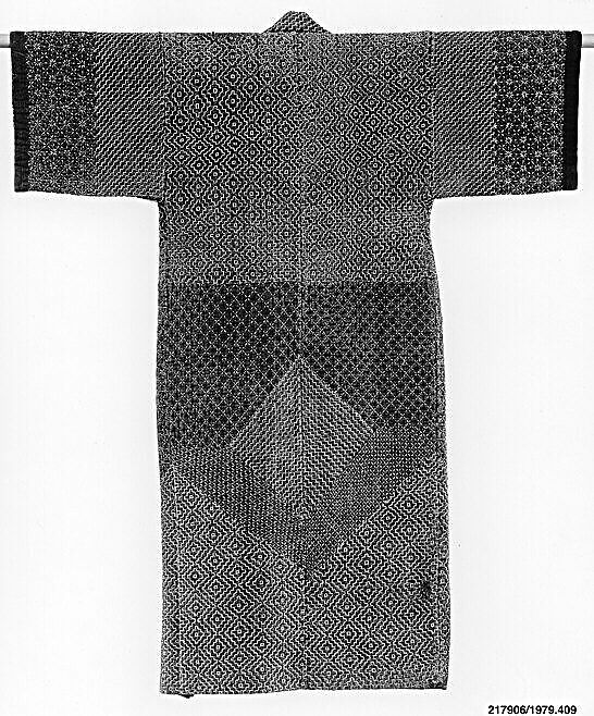 Sashiko Kimono, Indigo-dyed plain-weave cotton, quilted and embroidered with white cotton thread, Japan 